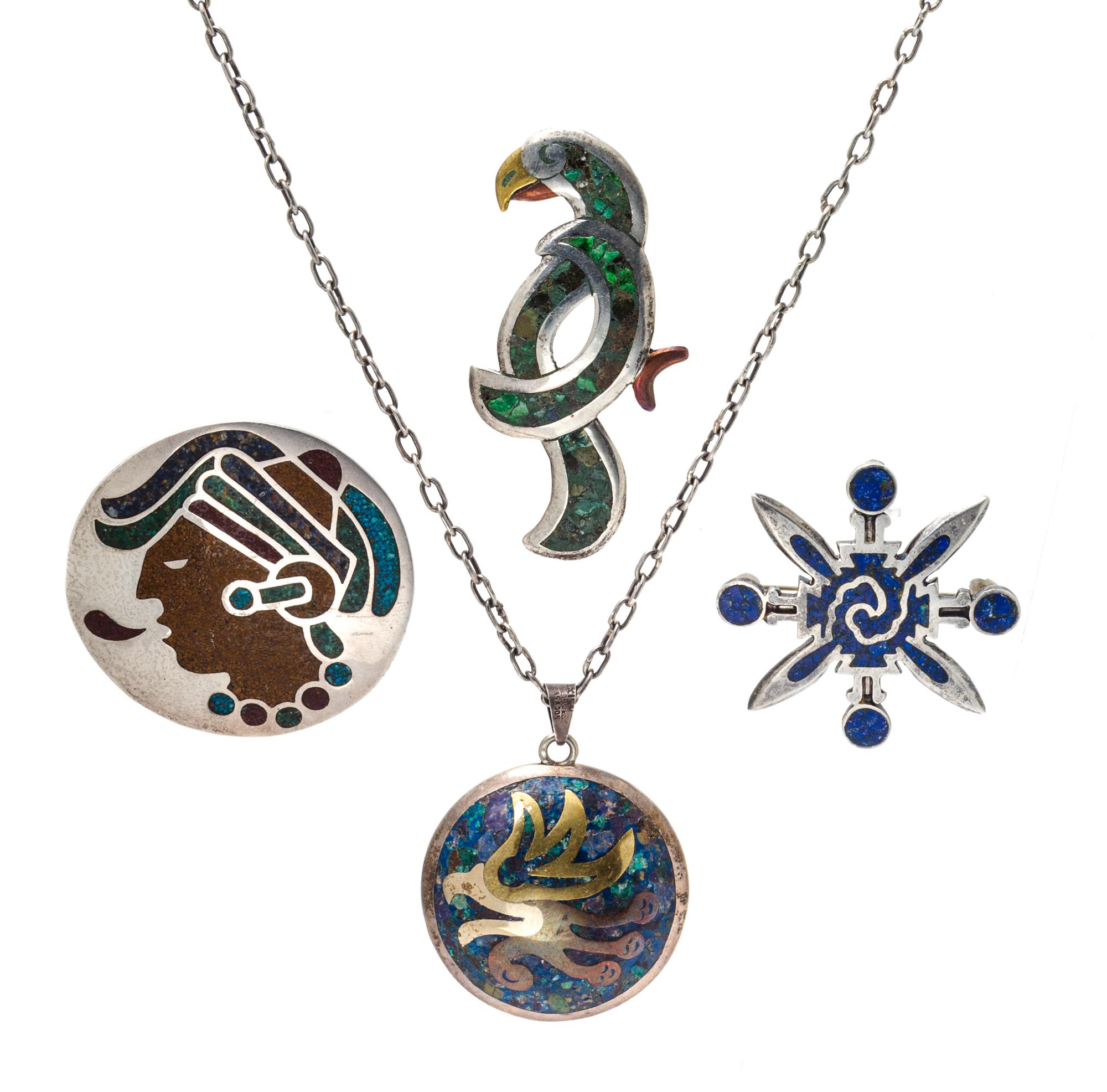 A Collection of Silver, Brass, Copper and Gemstone Inlay Jewelry, 72.50 dwts.