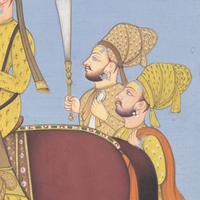A Painting of a Marwari Equestrian Nobleman Smoking a Hookah Flanked by Five Pleated-Skirt Attendants, Jodhpur School, 20th Century