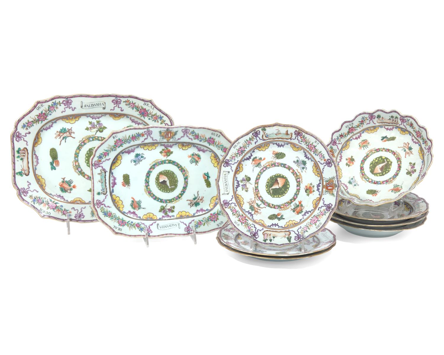 A rare and important group of nine Chinese Export porcelain tablewares from the "Saldanha Dinner Service," late 18th century