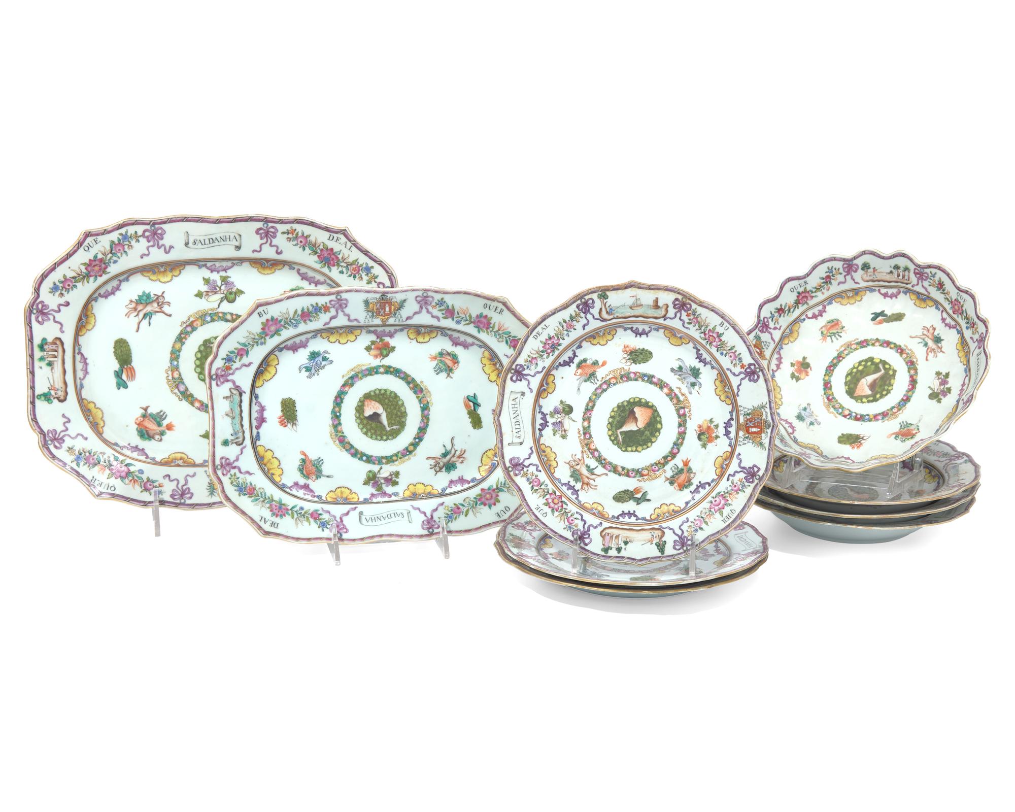 A rare and important group of nine Chinese Export porcelain tablewares from the "Saldanha Dinner Service," late 18th century