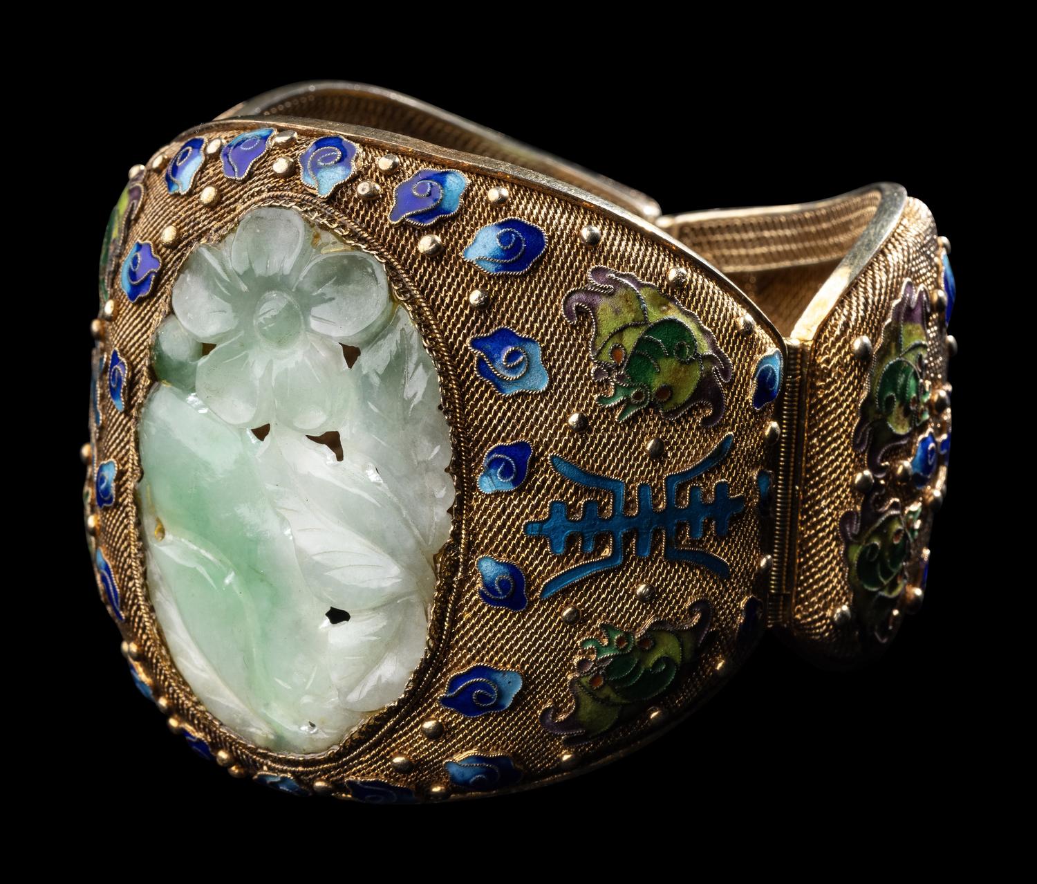 Three Chinese Jadeite Inset Gilt Metal Jewelry