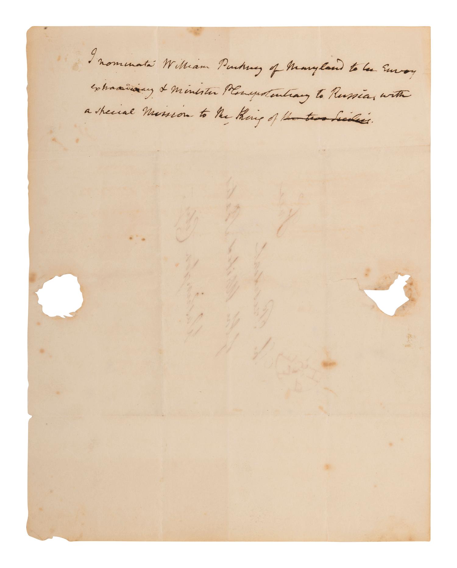 MADISON, James (1751-1836). Autograph note unsigned, nominating William Pinkney to a diplomatic position. With free-franked address leaf to verso.