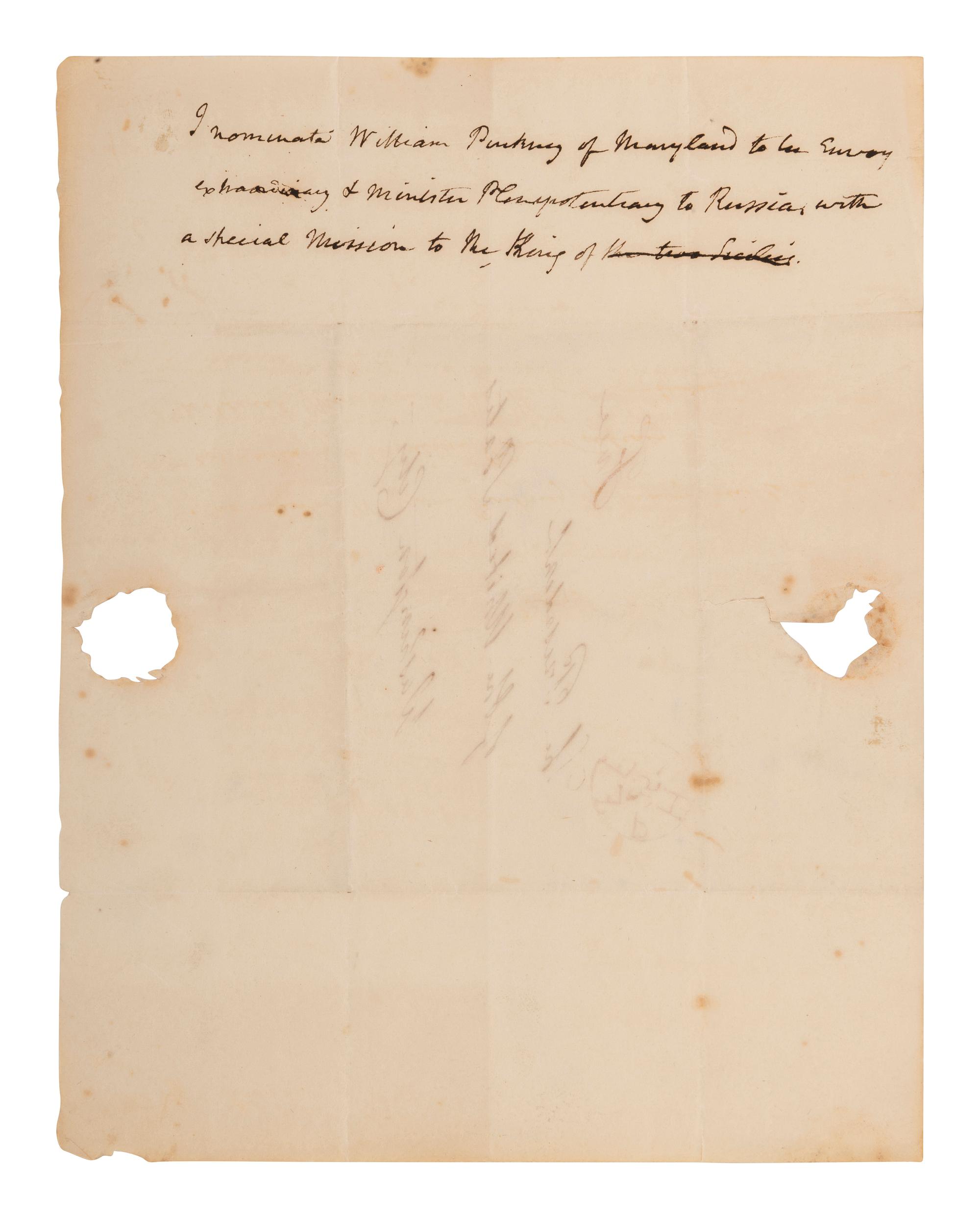 MADISON, James (1751-1836). Autograph note unsigned, nominating William Pinkney to a diplomatic position. With free-franked address leaf to verso.