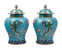 Two Pairs of Chinese Blue Ground Cloisonné Enameled 'Dragon' Vessels