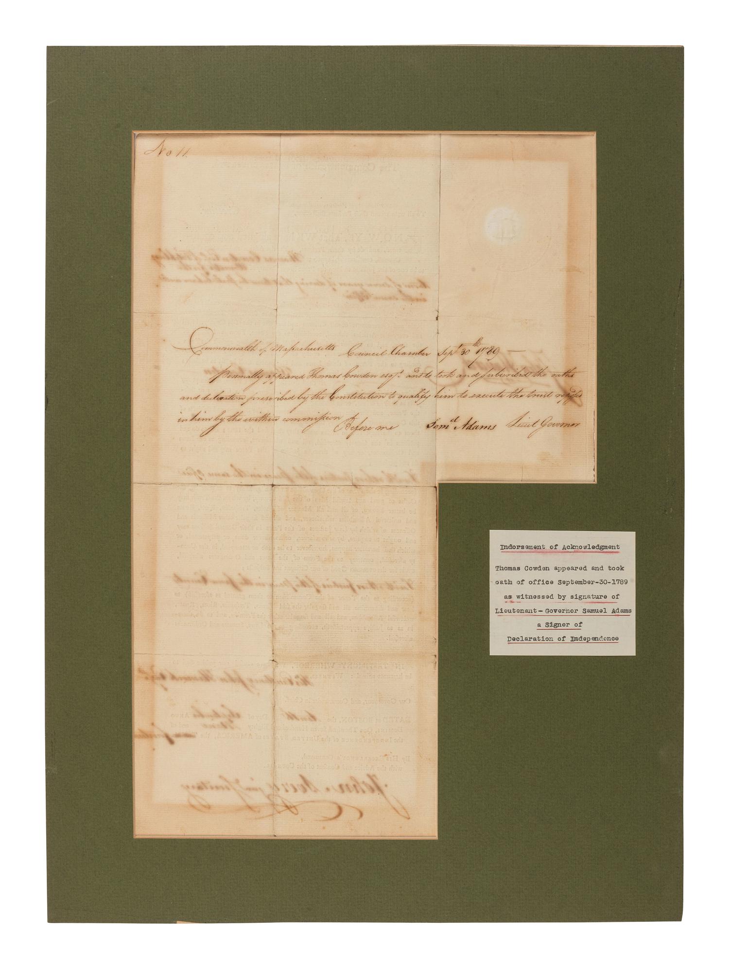 HANCOCK, John (1737-1793). Partly printed document signed ("John Hancock"), as Governor of Massachusetts, endorsed by Samuel ADAMS, (1722-1803), as Lieutenant Governor. Boston, 10 September 1789.