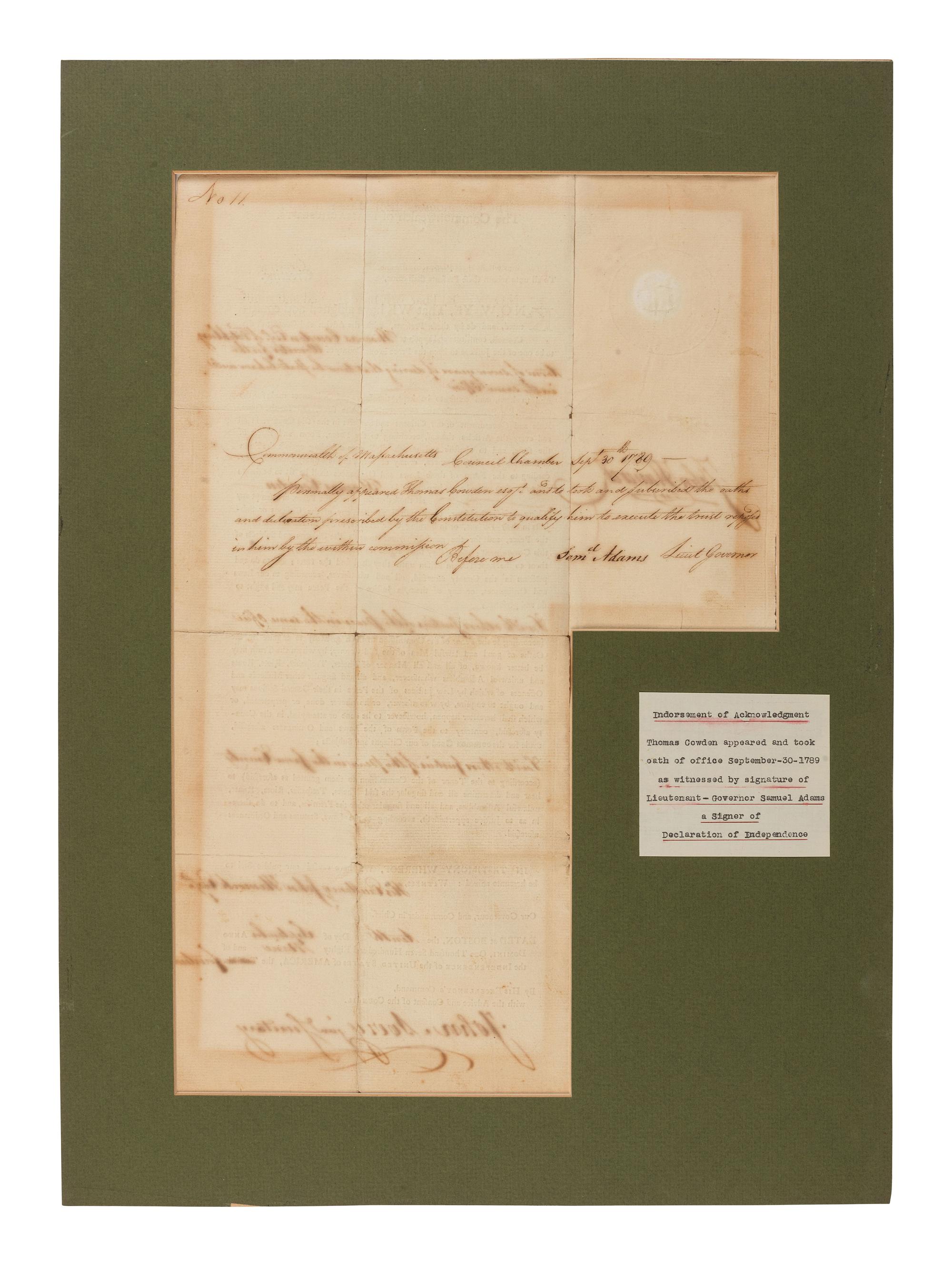 HANCOCK, John (1737-1793). Partly printed document signed ("John Hancock"), as Governor of Massachusetts, endorsed by Samuel ADAMS, (1722-1803), as Lieutenant Governor. Boston, 10 September 1789.