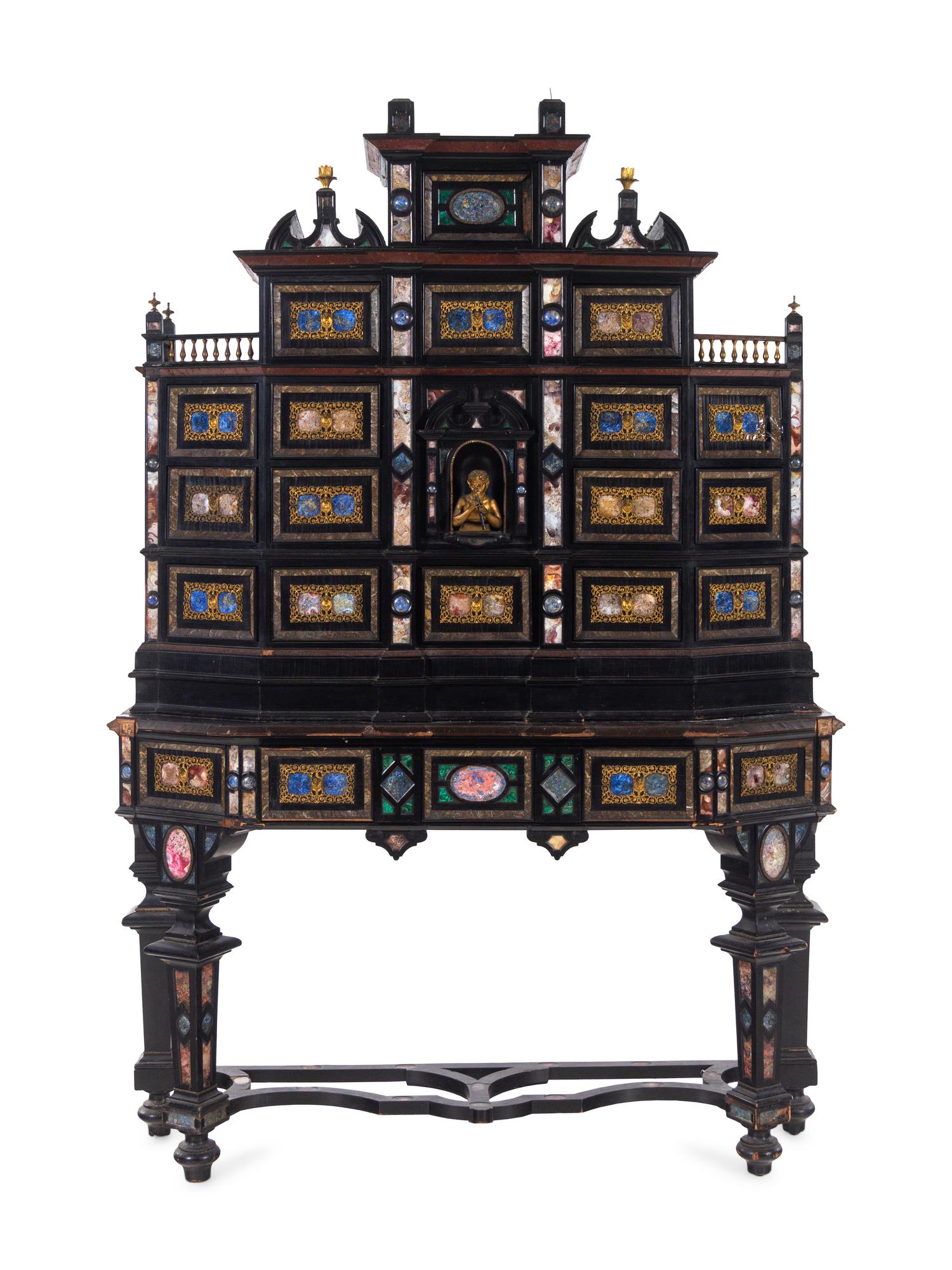 A Florentine Style Gilt Bronze and Specimen Marble-Mounted Ebonized Cabinet on Stand