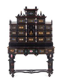 A Florentine Style Gilt Bronze and Specimen Marble-Mounted Ebonized Cabinet on Stand