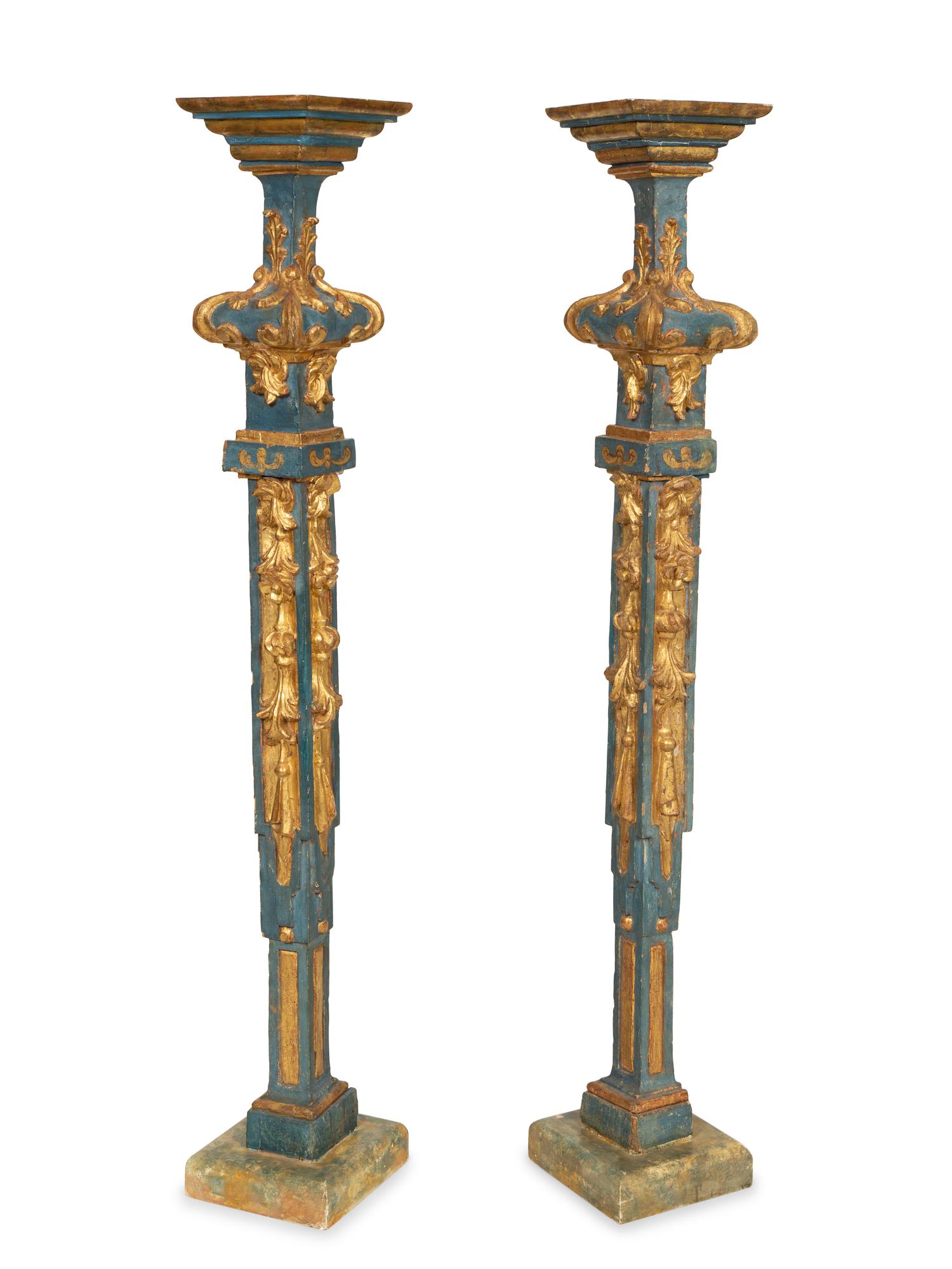 A Pair of Italian Baroque Blue-Painted and Parcel-Gilt Pedestals