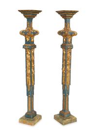 A Pair of Italian Baroque Blue-Painted and Parcel-Gilt Pedestals