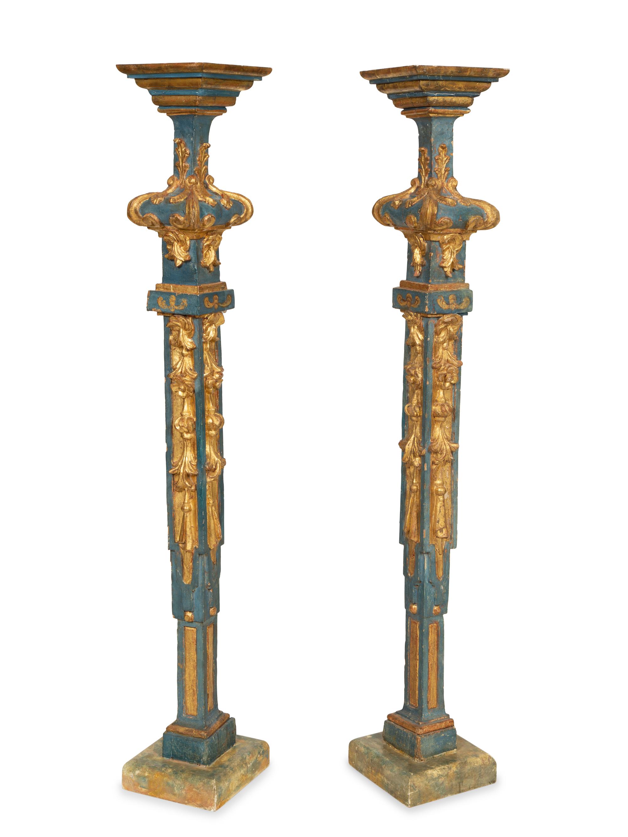 A Pair of Italian Baroque Blue-Painted and Parcel-Gilt Pedestals