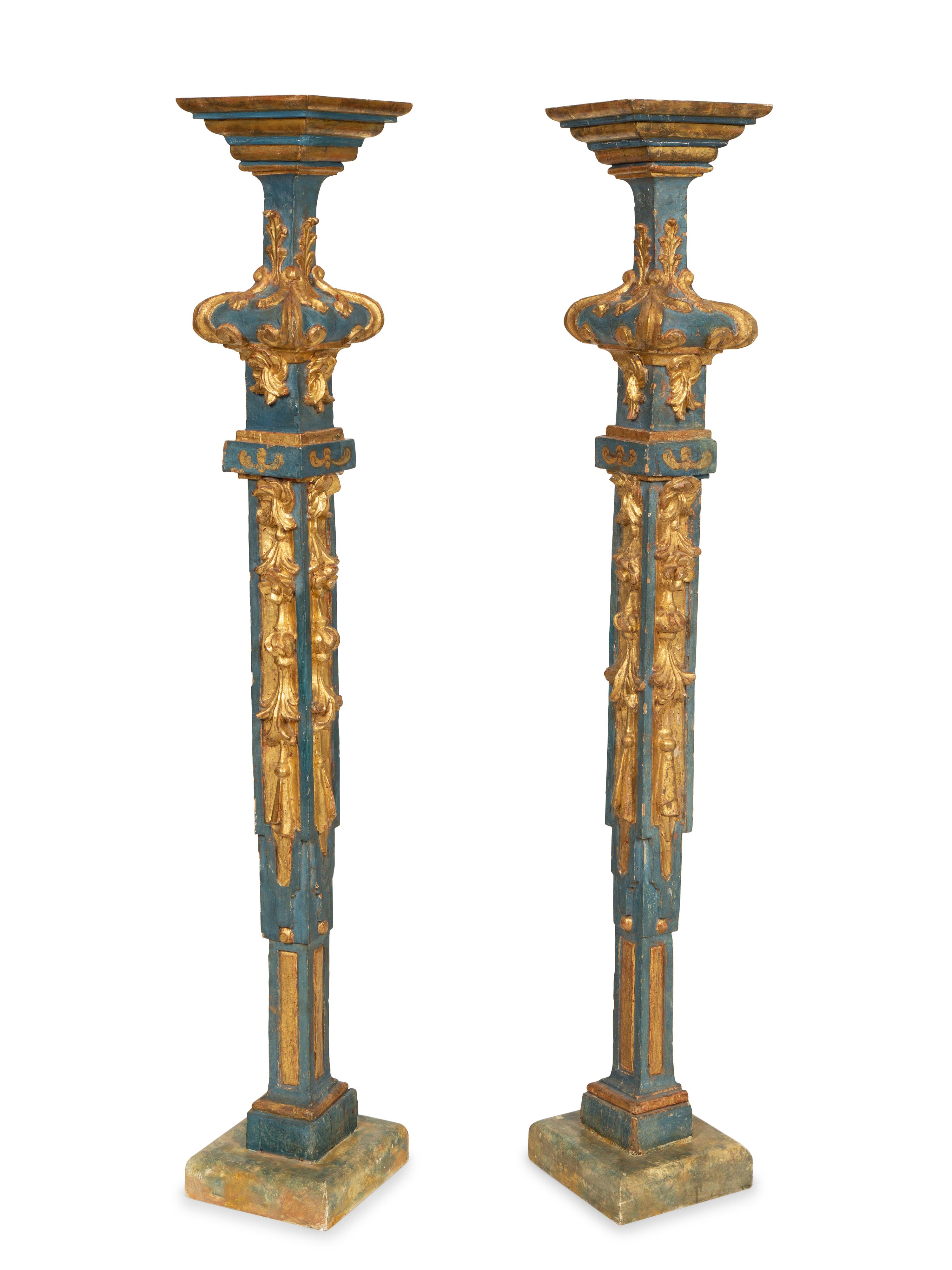 A Pair of Italian Baroque Blue-Painted and Parcel-Gilt Pedestals