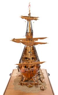 A Model of the "Golden Hind" Height of model 27 x length of case 35 3/4 inches.