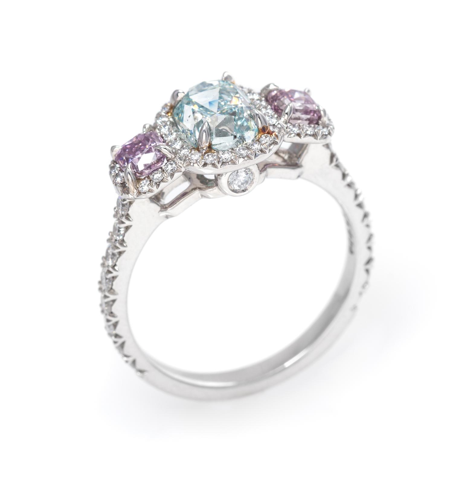 An Important Platinum, Fancy Colored Diamond and Diamond Ring, 3.70 dwts.