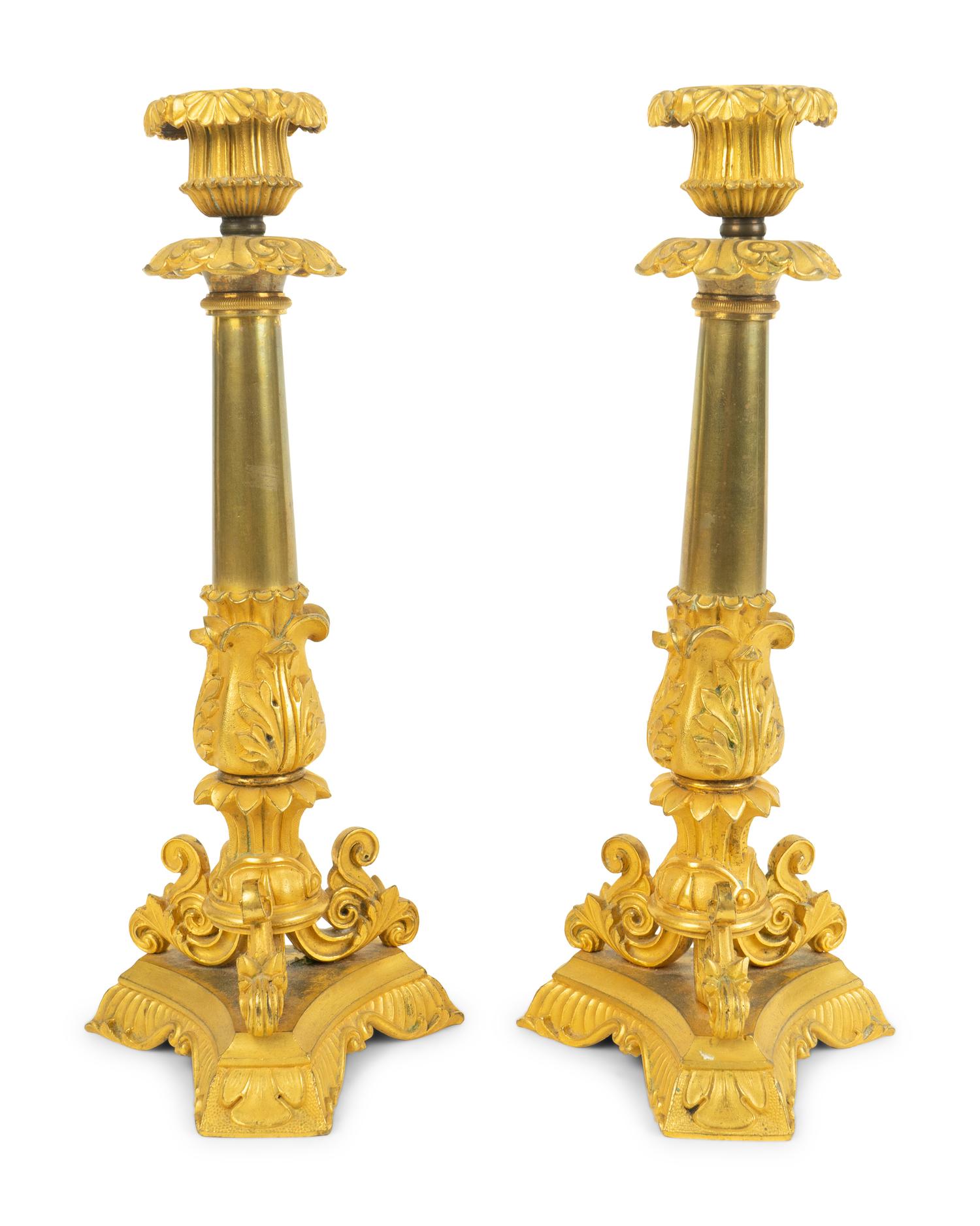 A Pair of Louis XV Style Gilt Bronze Candlesticks — 19TH CENTURY