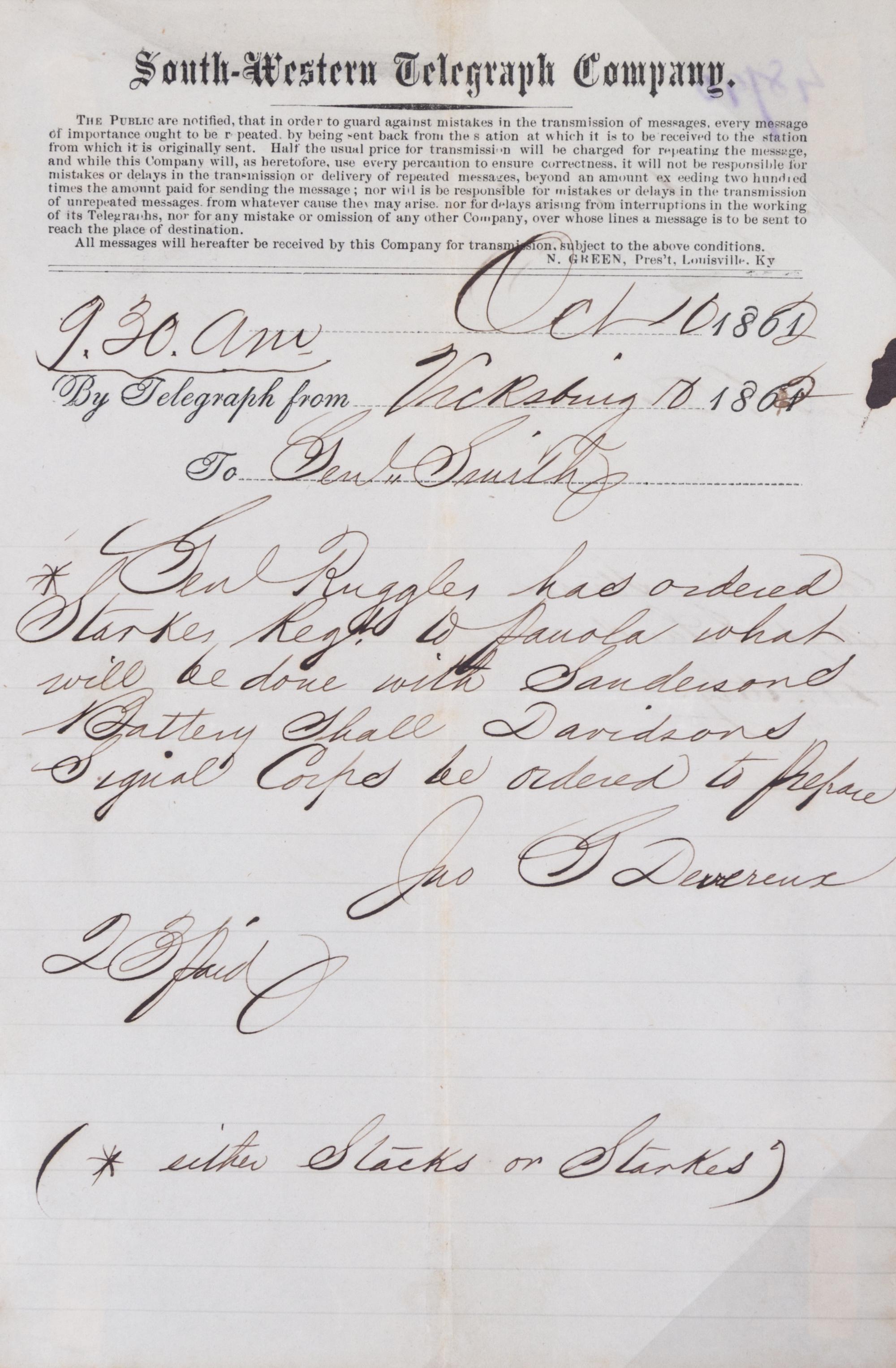 (CIVIL WAR) 12 telegrams from various generals, captains, and majors from March 1862 to Dec. 1864.