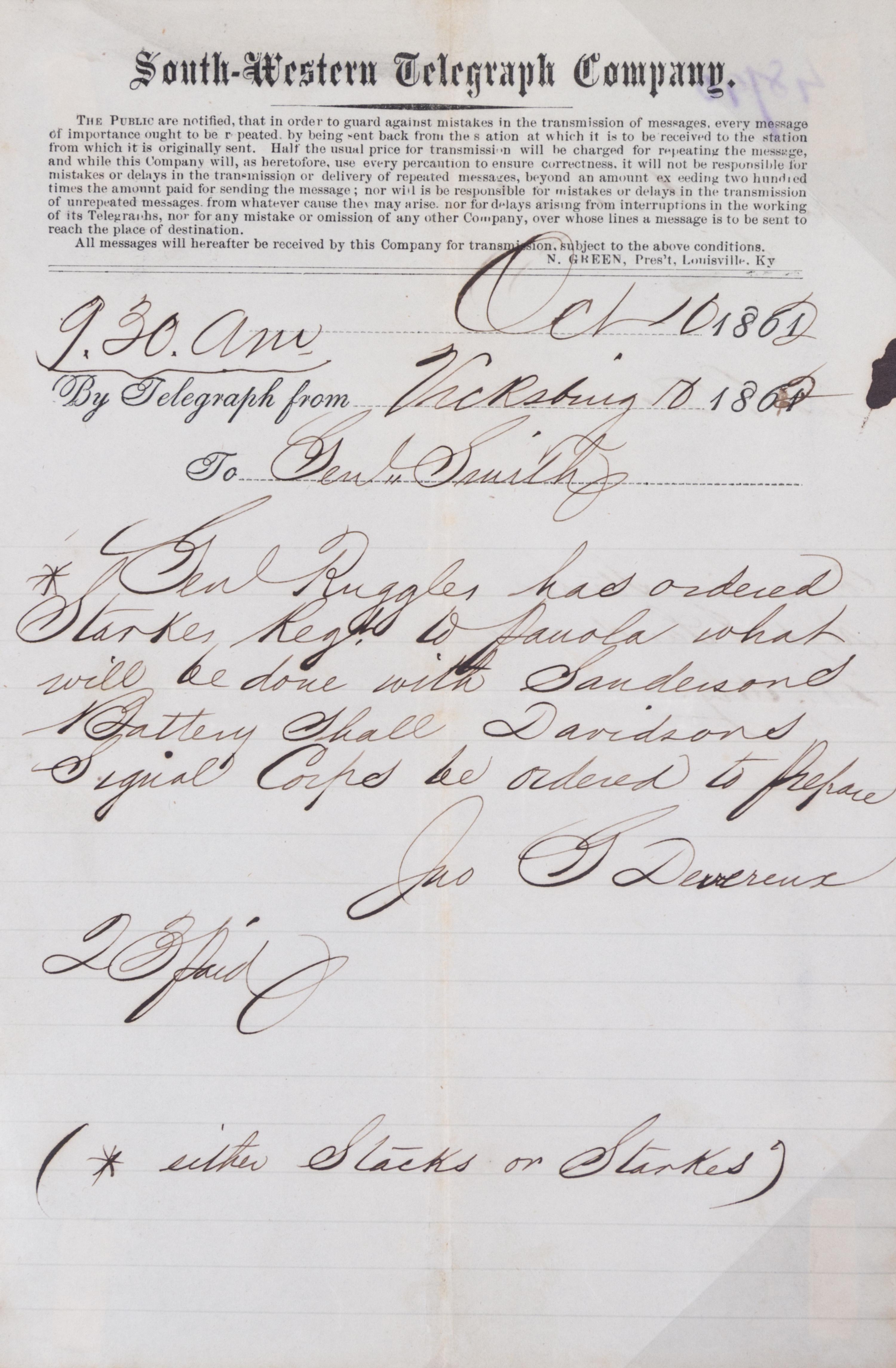 (CIVIL WAR) 12 telegrams from various generals, captains, and majors from March 1862 to Dec. 1864.