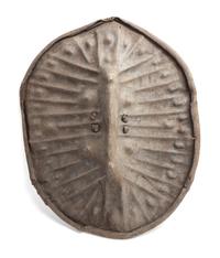 An African Tortoise-Form Leather War Shield, Central Congo. Length 28 3/4 inches.