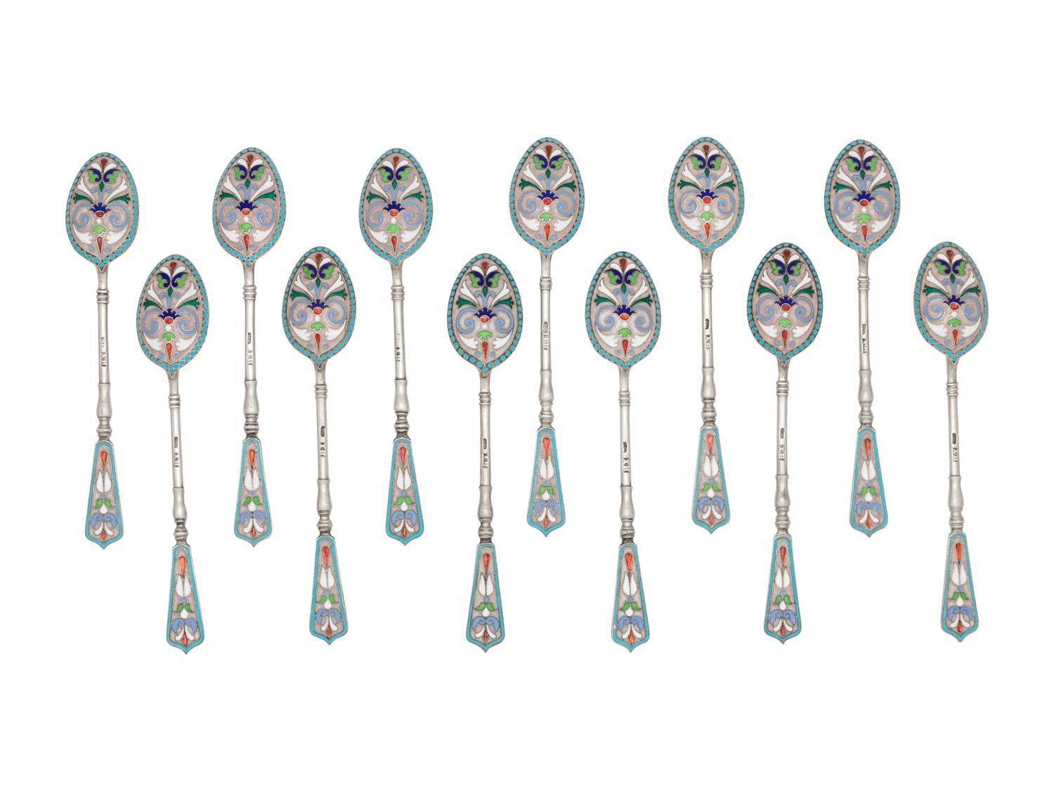 A Set of Russian Enameled Silver Coffee Spoons
