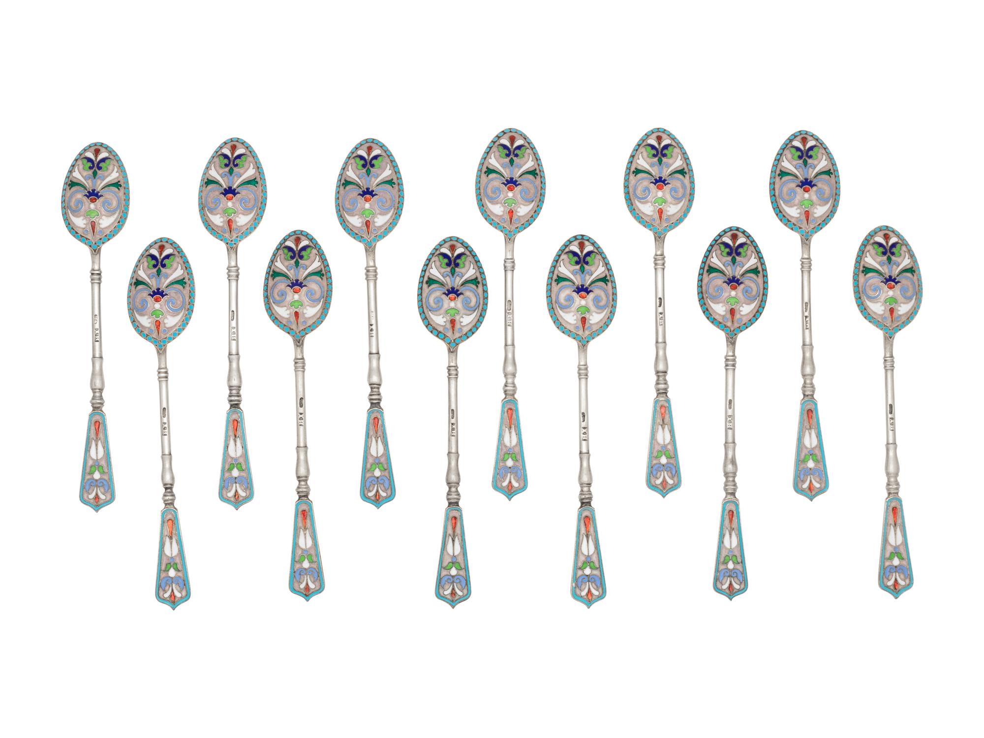 A Set of Russian Enameled Silver Coffee Spoons