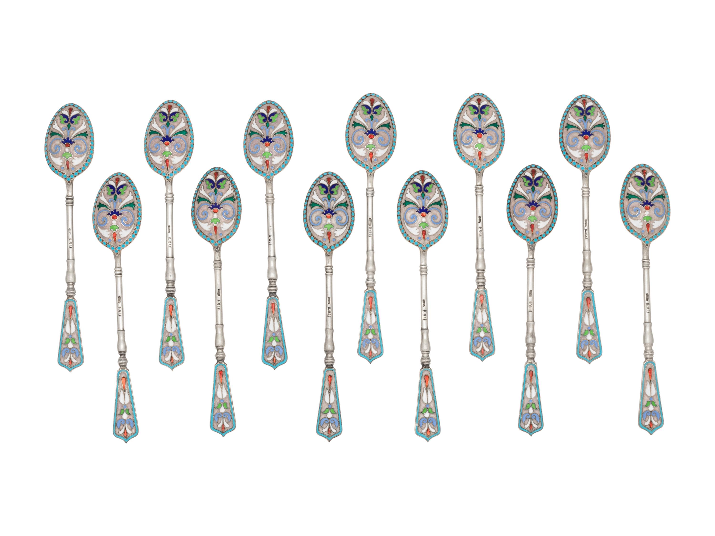 A Set of Russian Enameled Silver Coffee Spoons