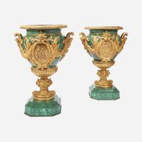 An Impressive Pair of Louis XVI Style Malachite and Gilt Bronze Urns 20th century