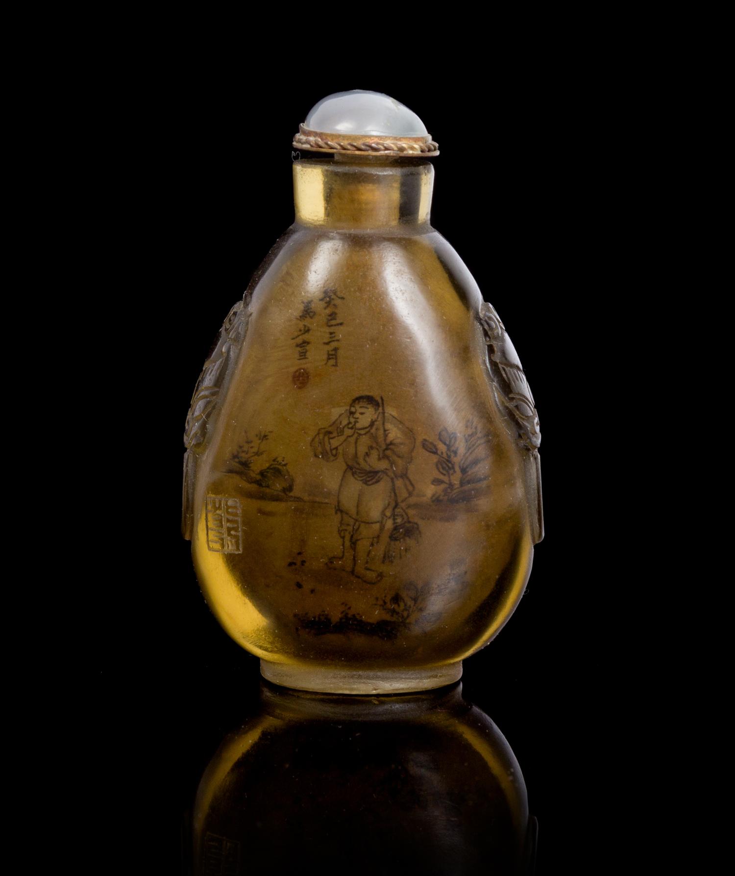 An Interior Painted Glass Snuff Bottle Height 2 7/8 inches.