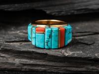 18K Gold Ring, with Red Mountain Turquoise and Japanese Coral Height Inlay