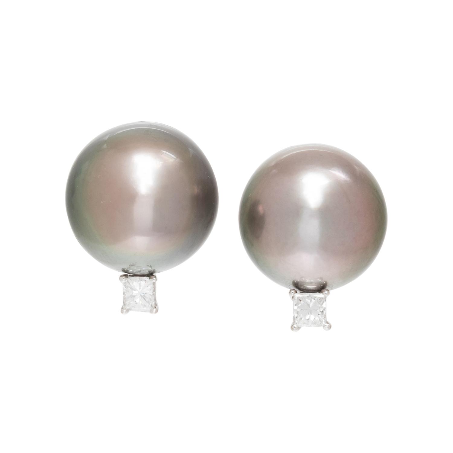 CULTURED TAHITIAN PEARL AND DIAMOND EARCLIPS