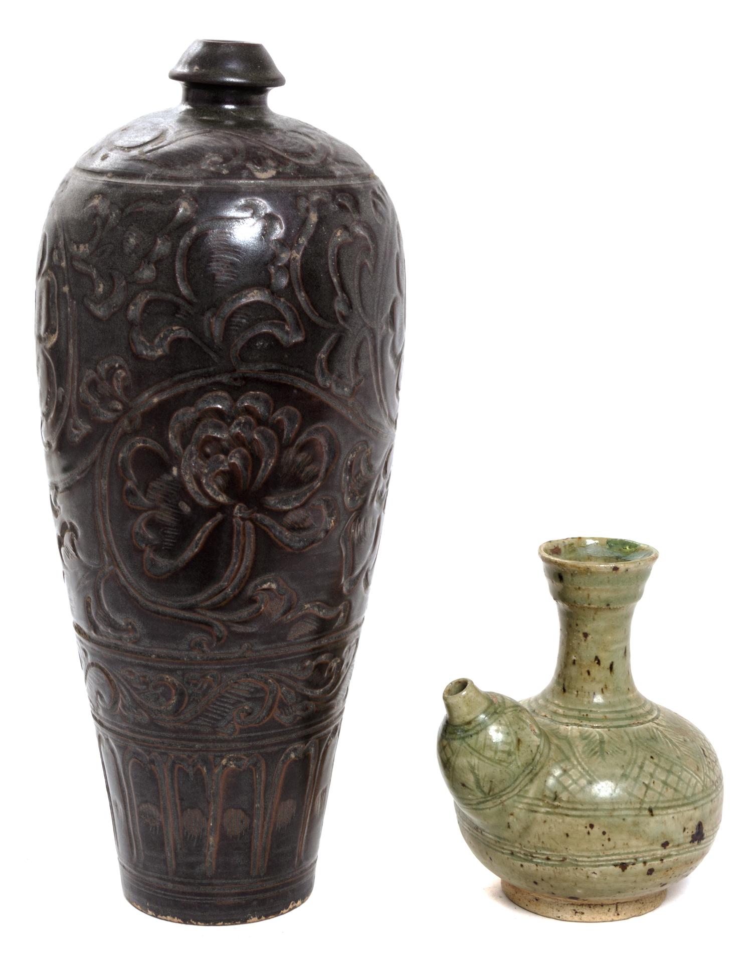 Two Chinese Stoneware Articles Height of taller 16 inches.