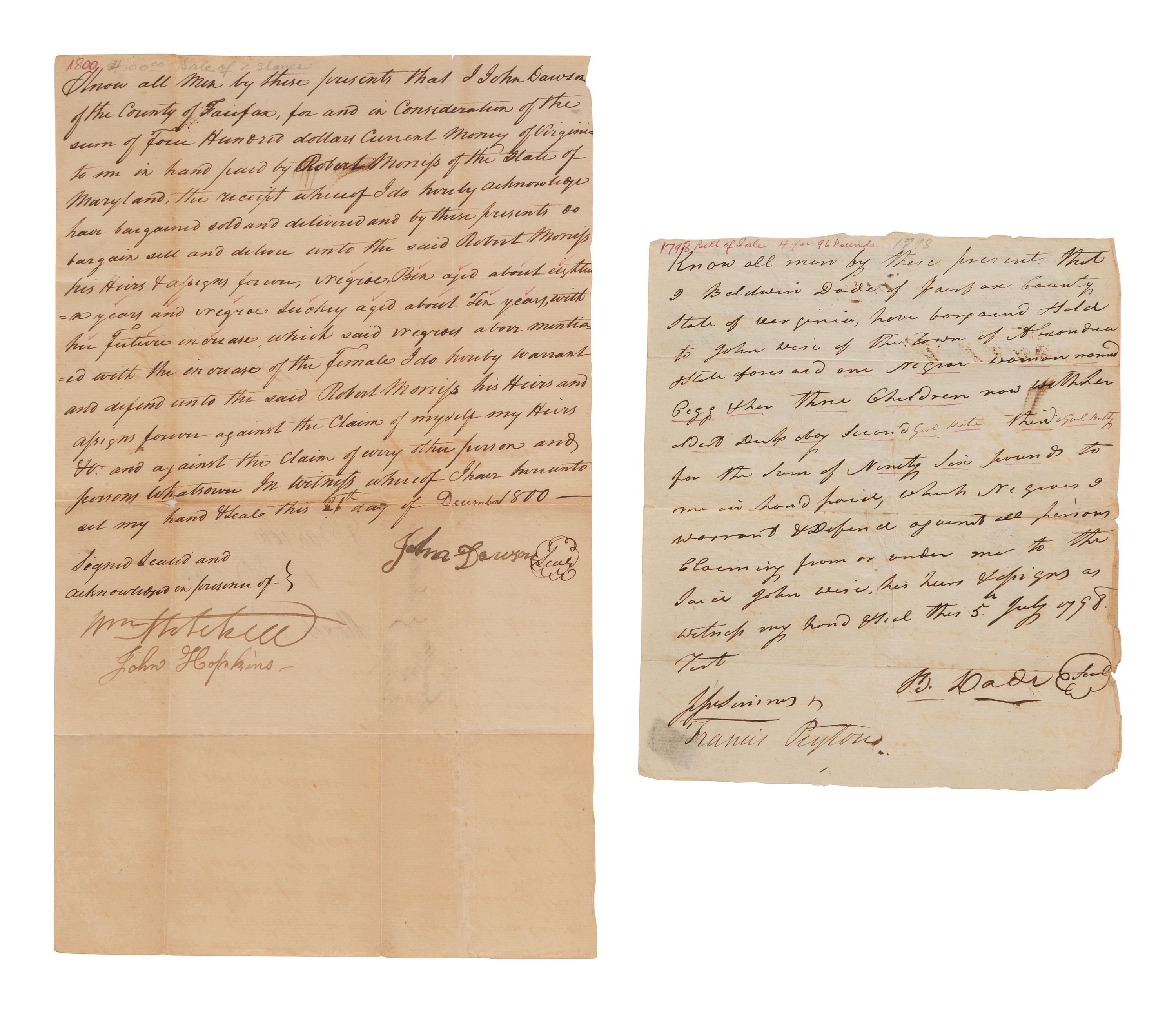 [ENSLAVEMENT]. 2 turn-of-the-century manuscript bills of sale for enslaved persons in Virginia.