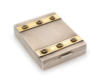 A French Silver, 14-Karat Gold and Sapphire Inset Compact, Cartier, Paris, First Half 20th Century, the case with reeded decoration, th
