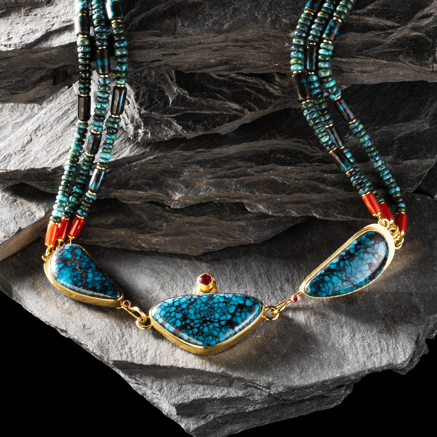 Larry Vasquez (Aztec-Mayan-Mescalero Apache, b. 1947) — 18K and 22K Gold and Gem Grade Turquoise Three-strand Necklace