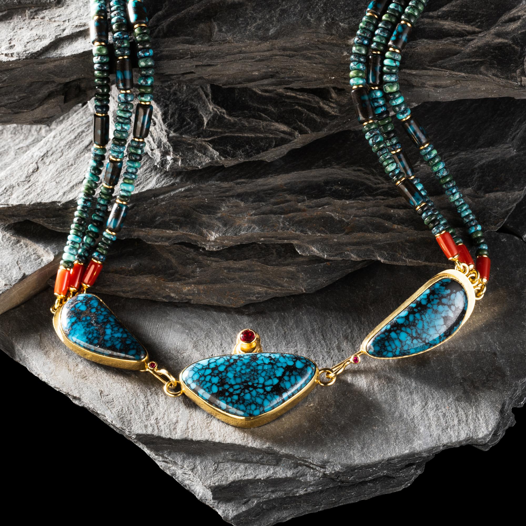 Larry Vasquez (Aztec-Mayan-Mescalero Apache, b. 1947) — 18K and 22K Gold and Gem Grade Turquoise Three-strand Necklace