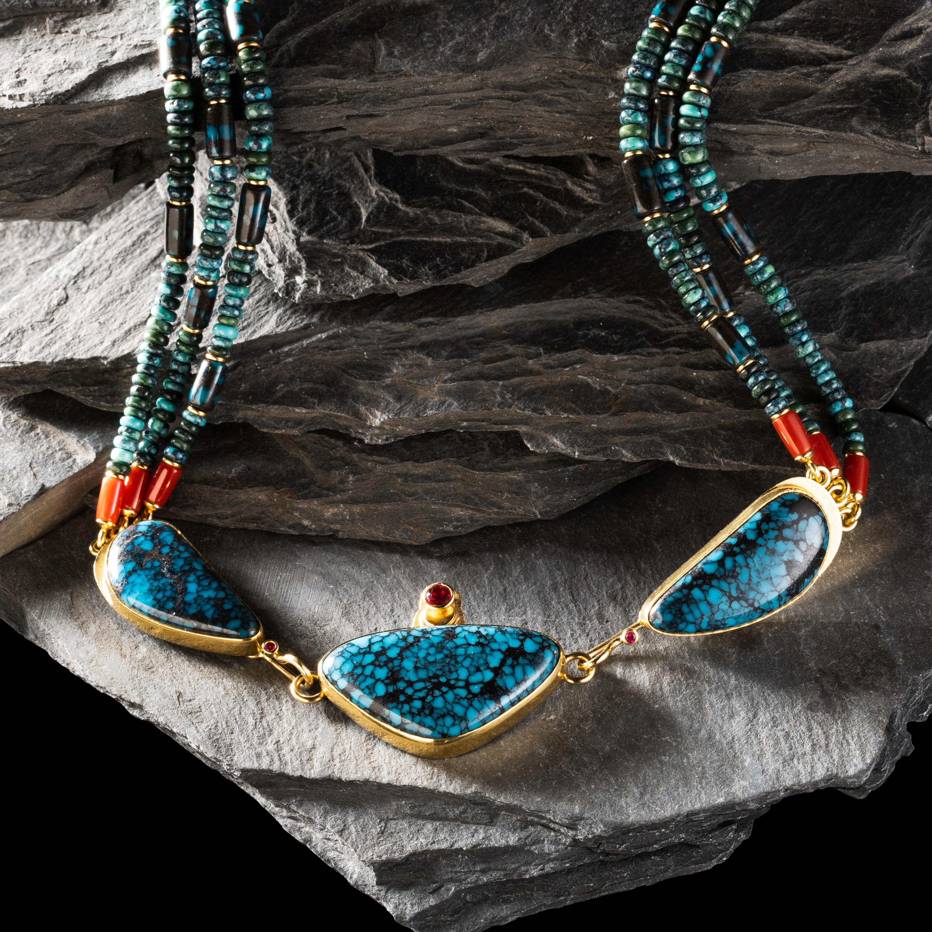 Larry Vasquez (Aztec-Mayan-Mescalero Apache, b. 1947) — 18K and 22K Gold and Gem Grade Turquoise Three-strand Necklace
