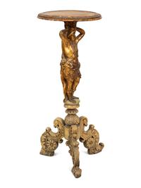 An Italian Painted and Parcel Gilt Figural Pedestal Table