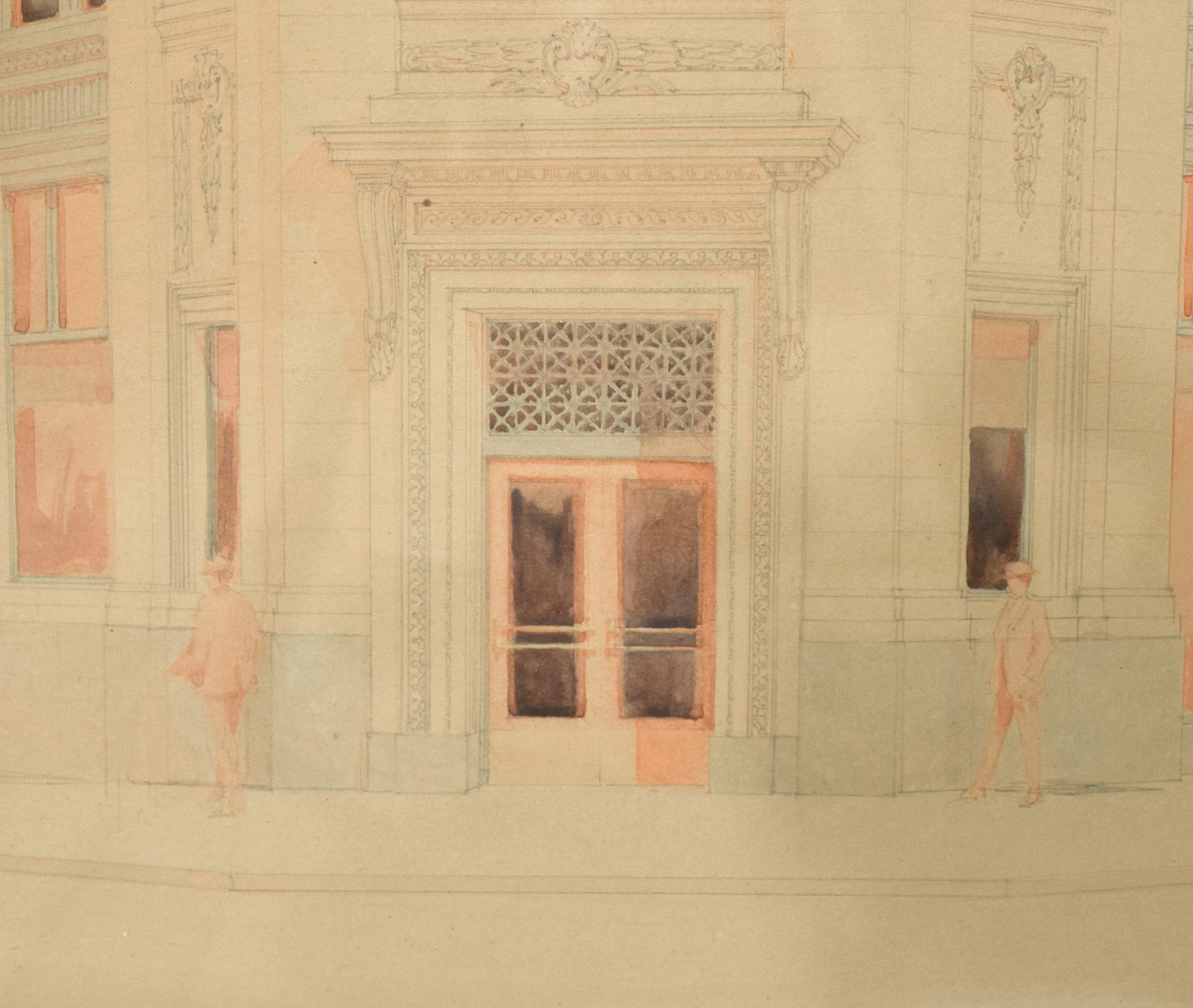 A Hand Rendered Presentation Drawing of the Lake View State Bank Building at Clark & Belmont in Chicago, IL. 34.5" W x .75" D x 29.5" H — United States, 20th Century