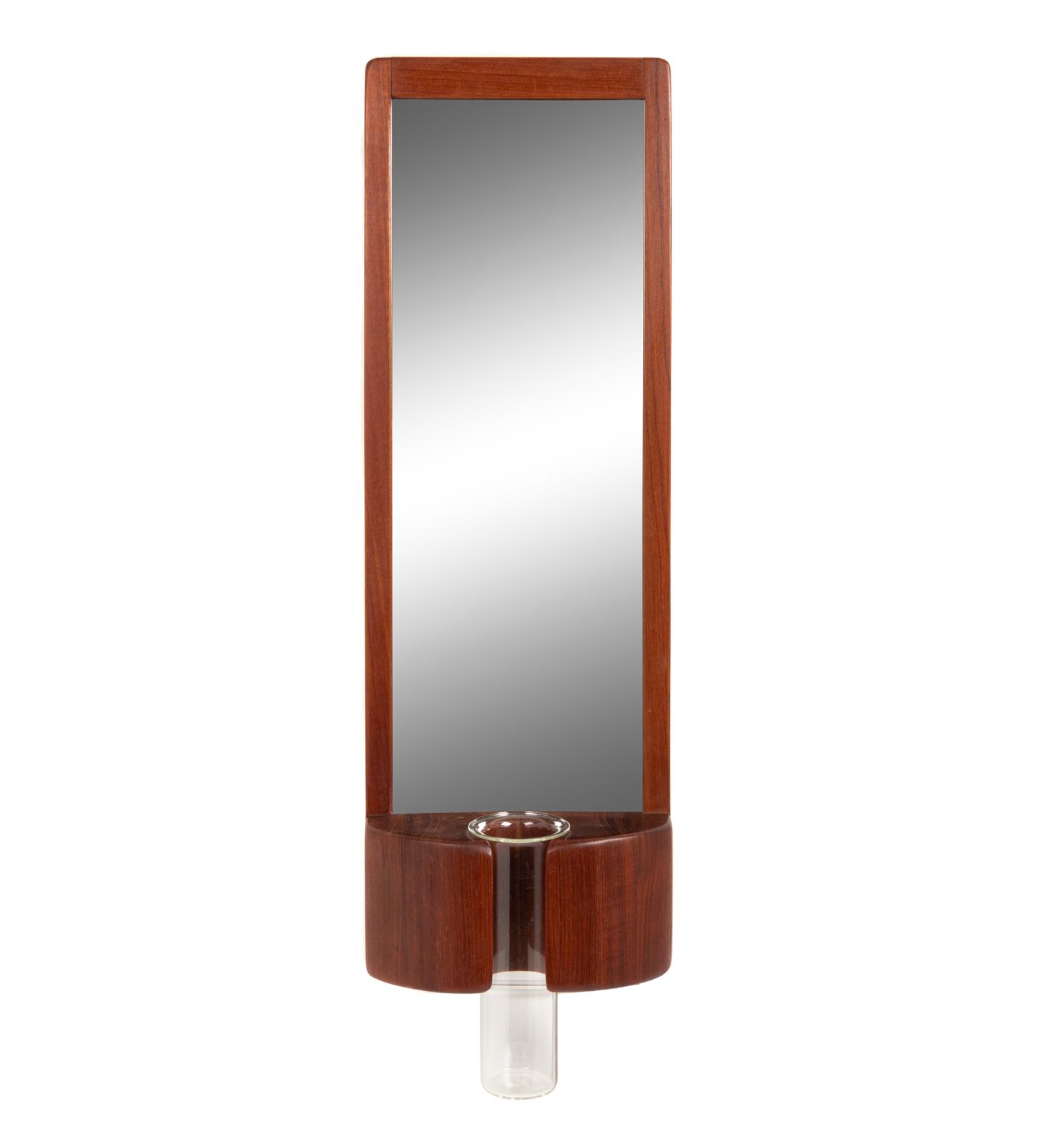 Teak Framed Mirror with Glass Bud Vase
