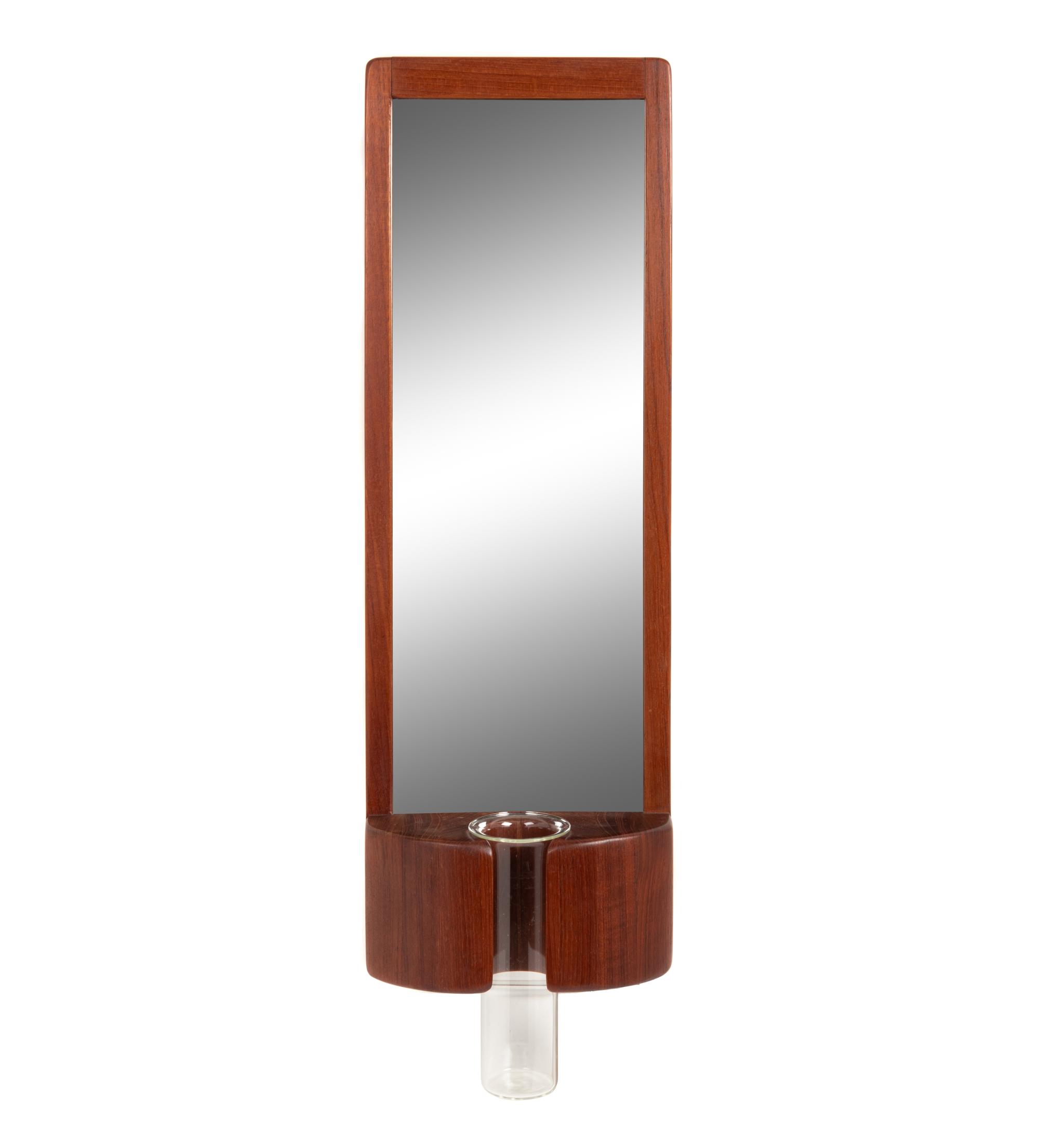Teak Framed Mirror with Glass Bud Vase