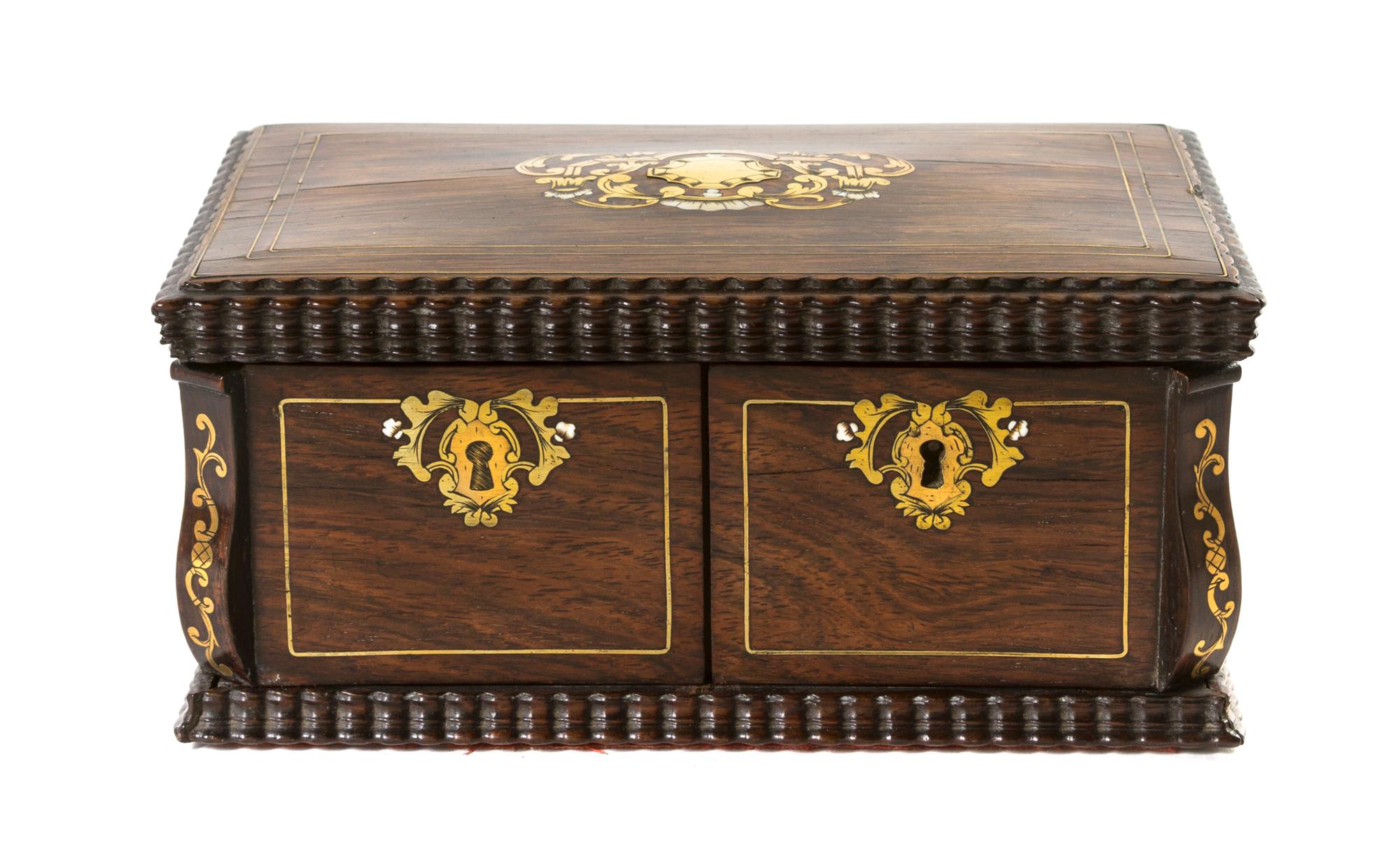 A Continental Brass and Ivory Inlaid Rose Necessaire Case, Width 8 1/2 inches.