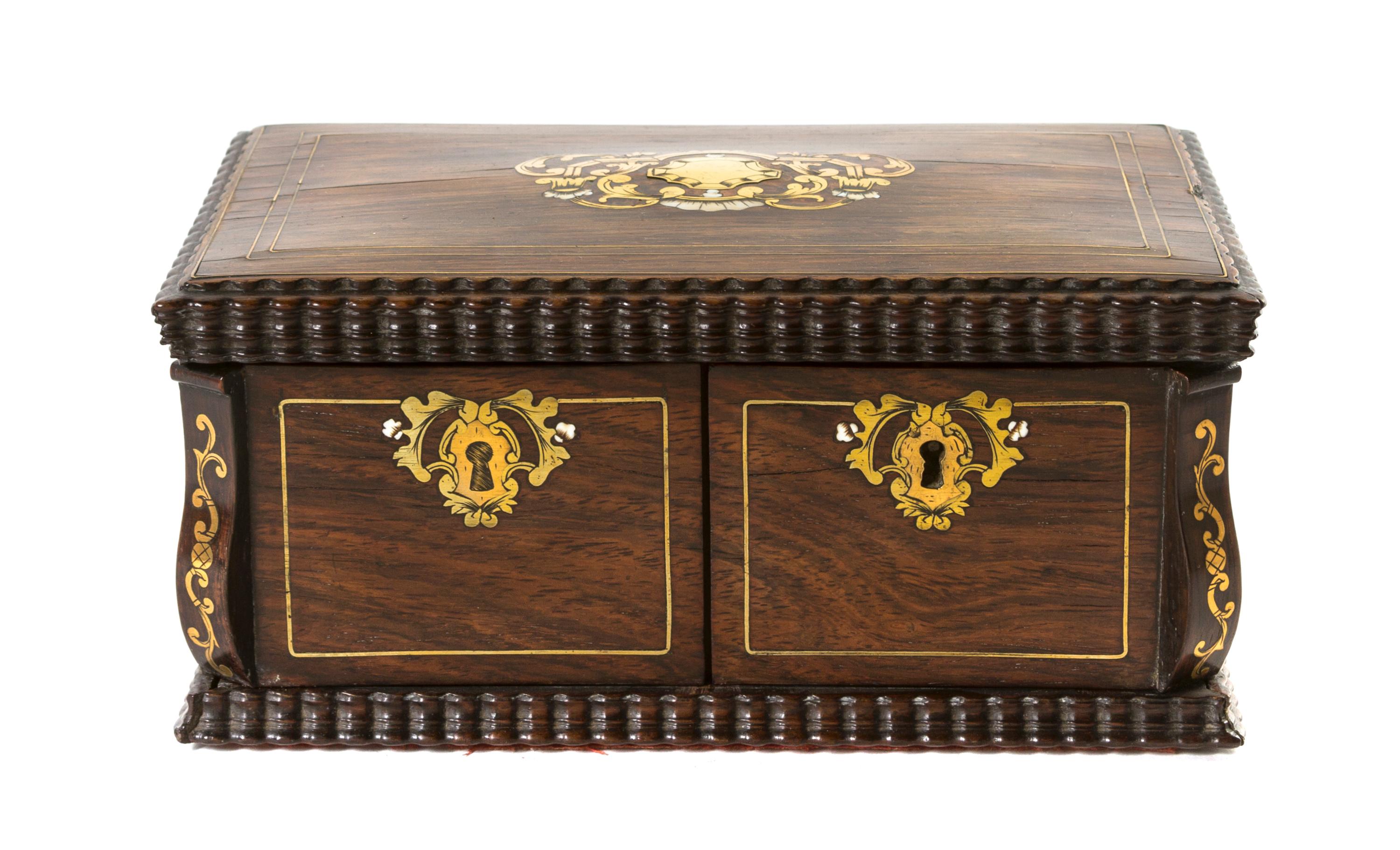 A Continental Brass and Ivory Inlaid Rose Necessaire Case, Width 8 1/2 inches.
