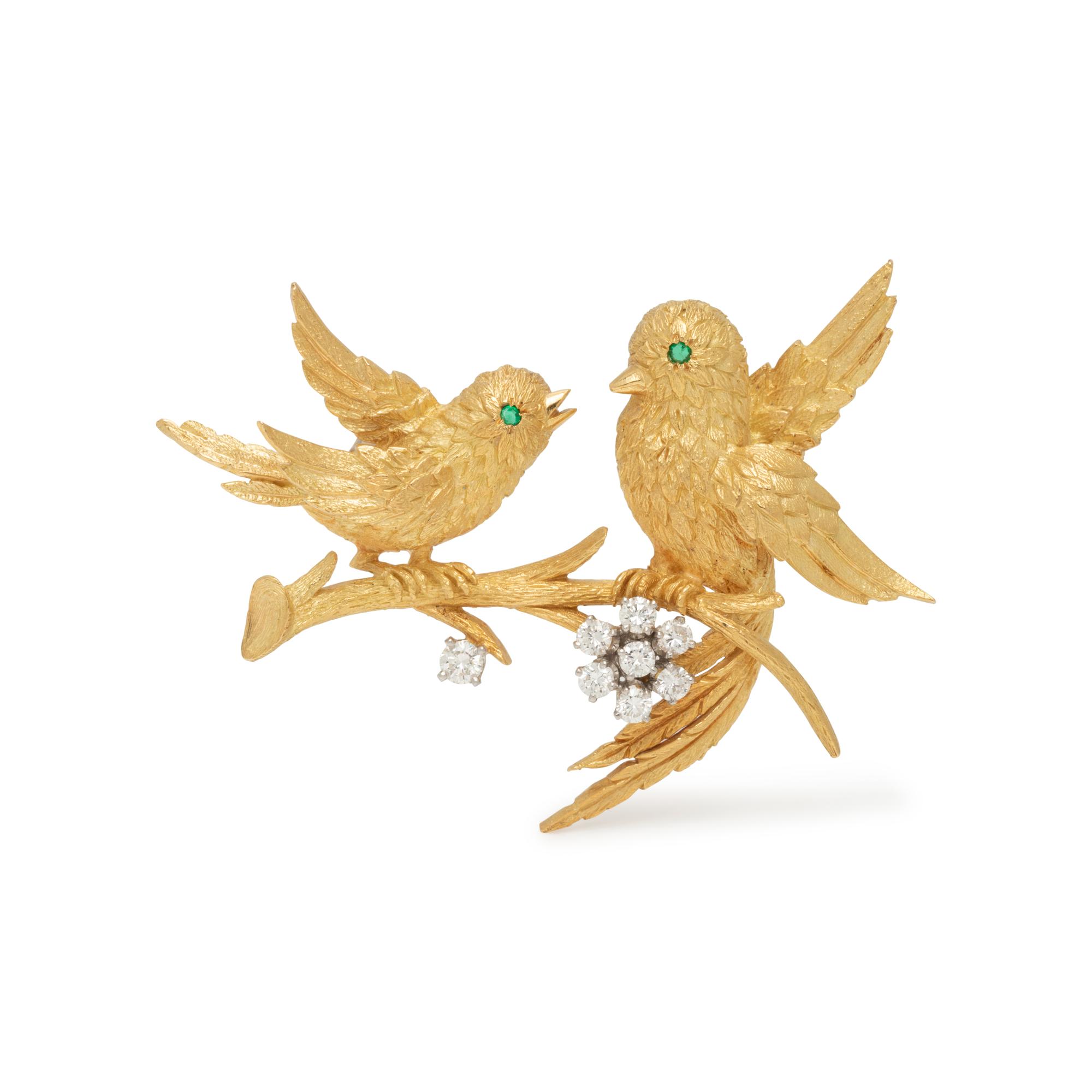 DIAMOND AND EMERALD LOVE BIRDS BROOCH