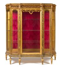 A Louis XVI Style Giltwood Vitrine Cabinet Height 62 1/2 x width 56 1/2 x depth 16 inches. — EARLY 20TH CENTURY