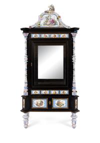 A Meissen and Berlin (K.P.M.) Porcelain Mounted Ebonized Vitrine Cabinet