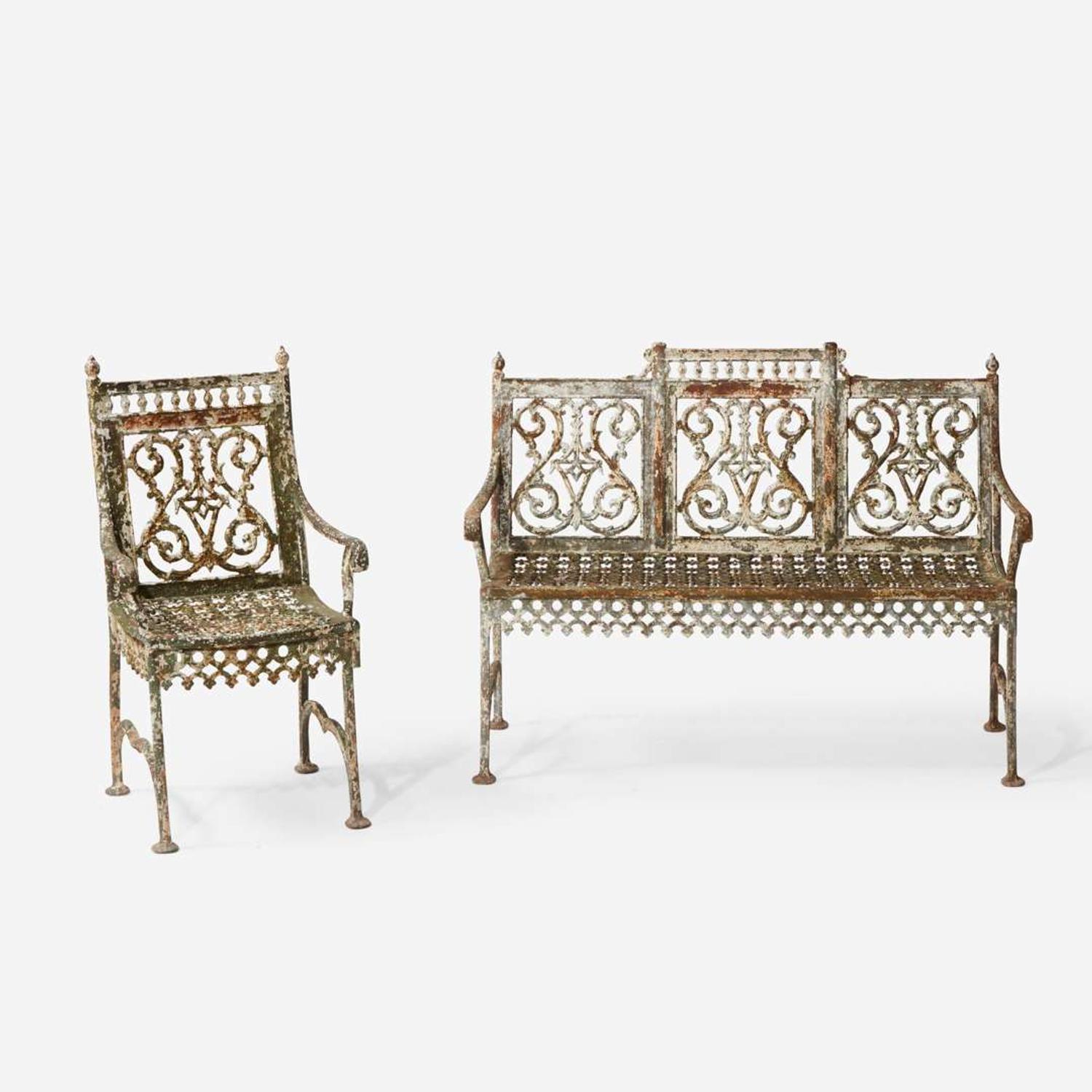 An American White-Painted Cast Iron Garden Bench and Chair late 19th century