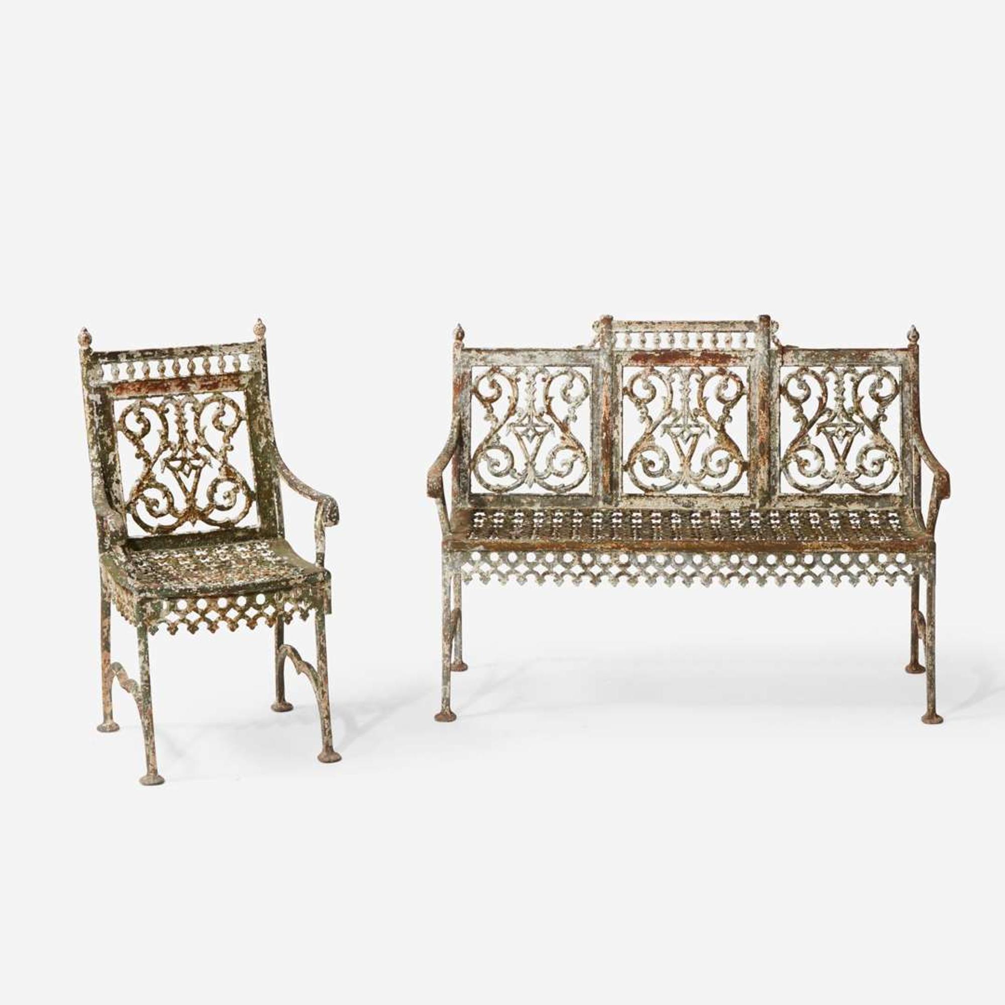 An American White-Painted Cast Iron Garden Bench and Chair late 19th century