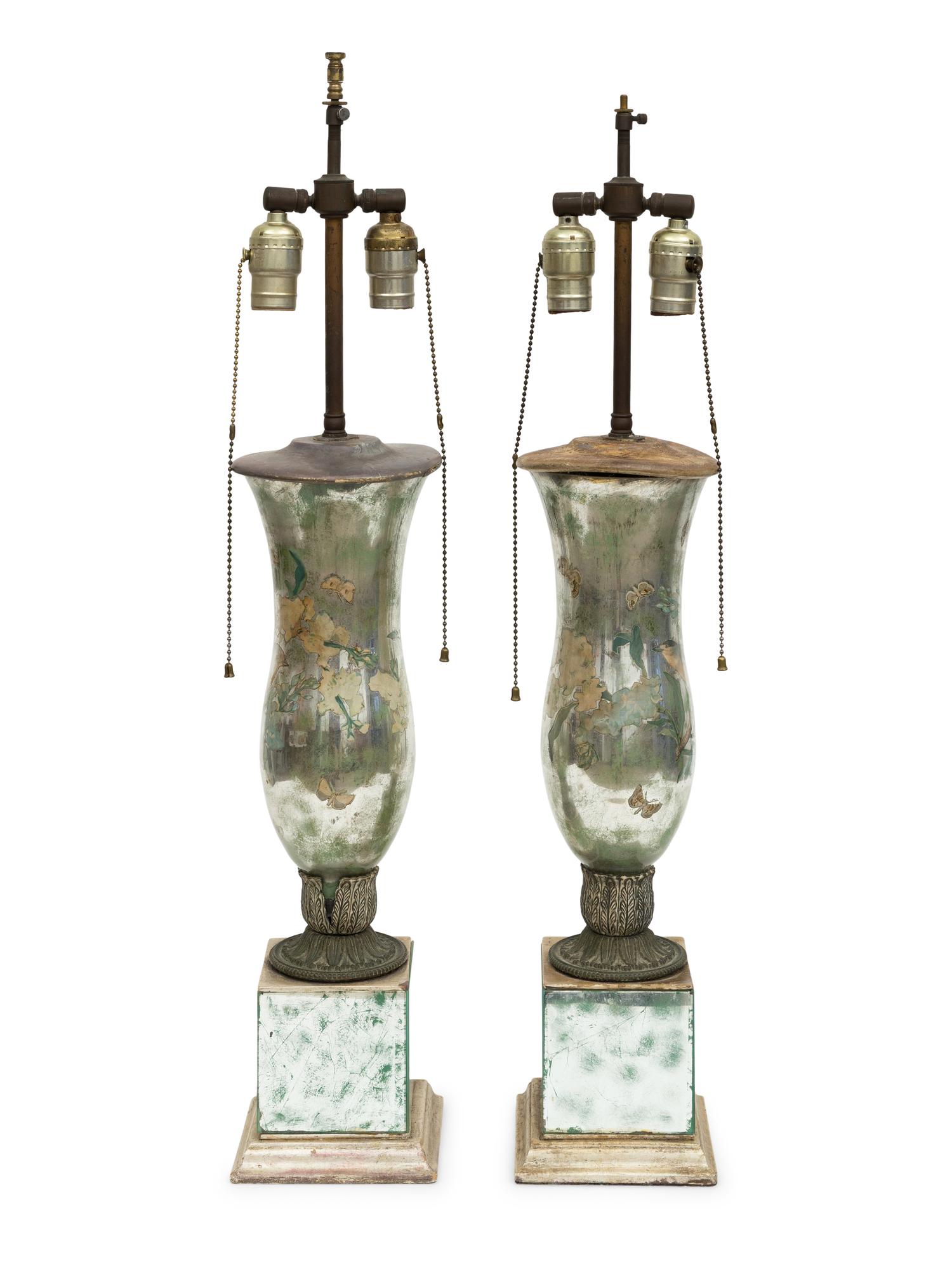 A Pair of French Urn-Form Verre Eglomise Table Lamps