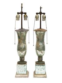 A Pair of French Urn-Form Verre Eglomise Table Lamps