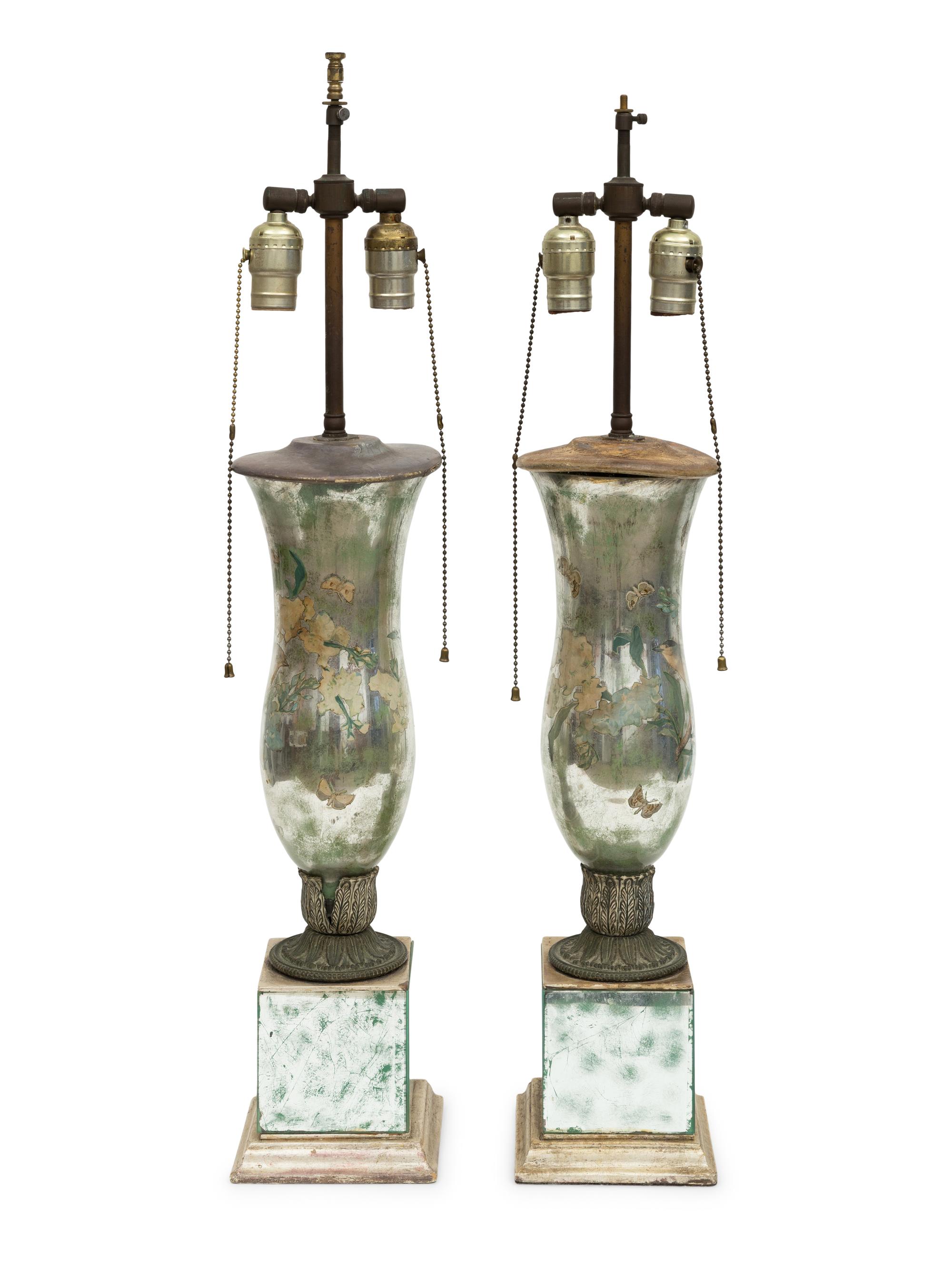 A Pair of French Urn-Form Verre Eglomise Table Lamps