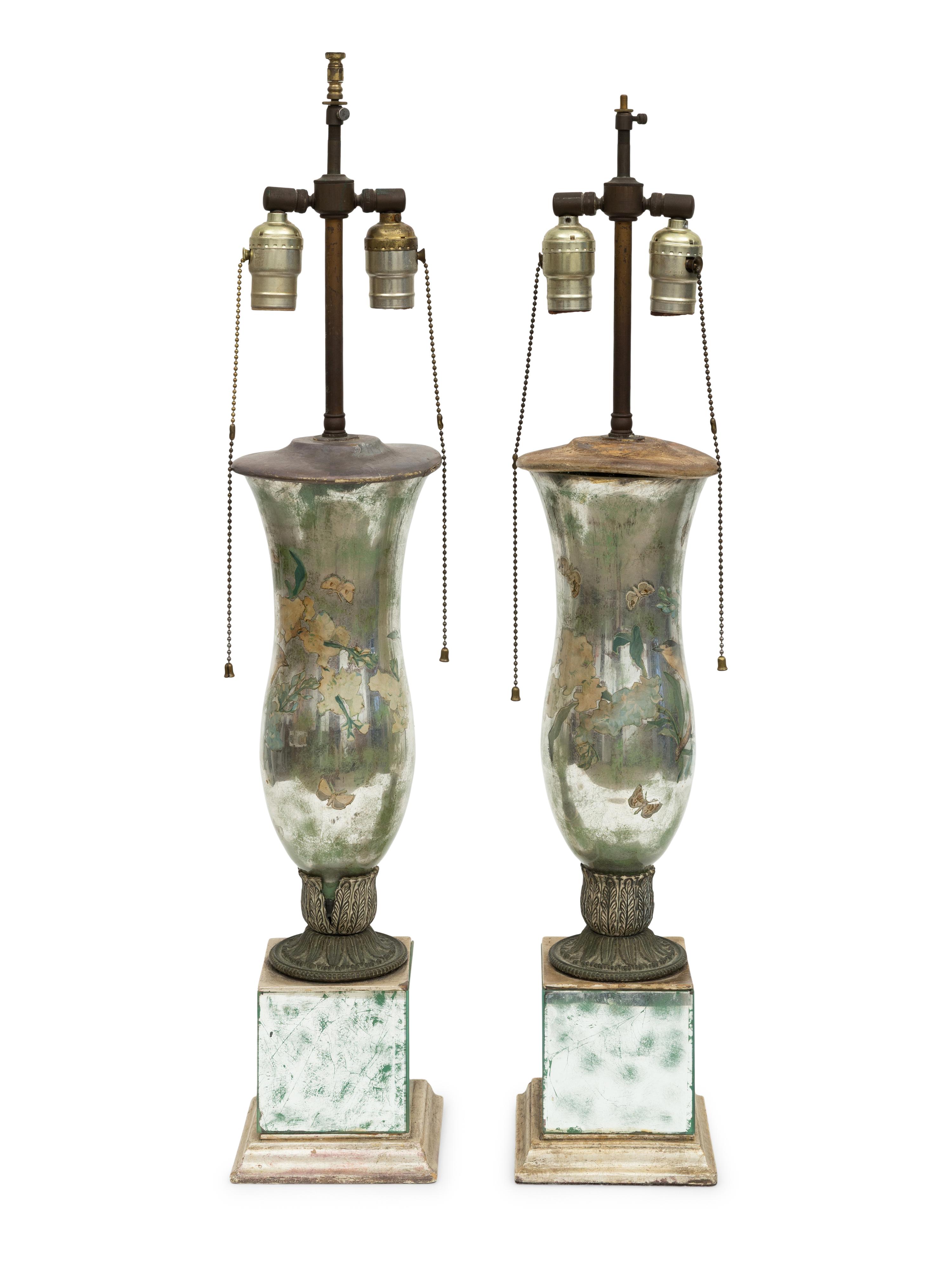 A Pair of French Urn-Form Verre Eglomise Table Lamps